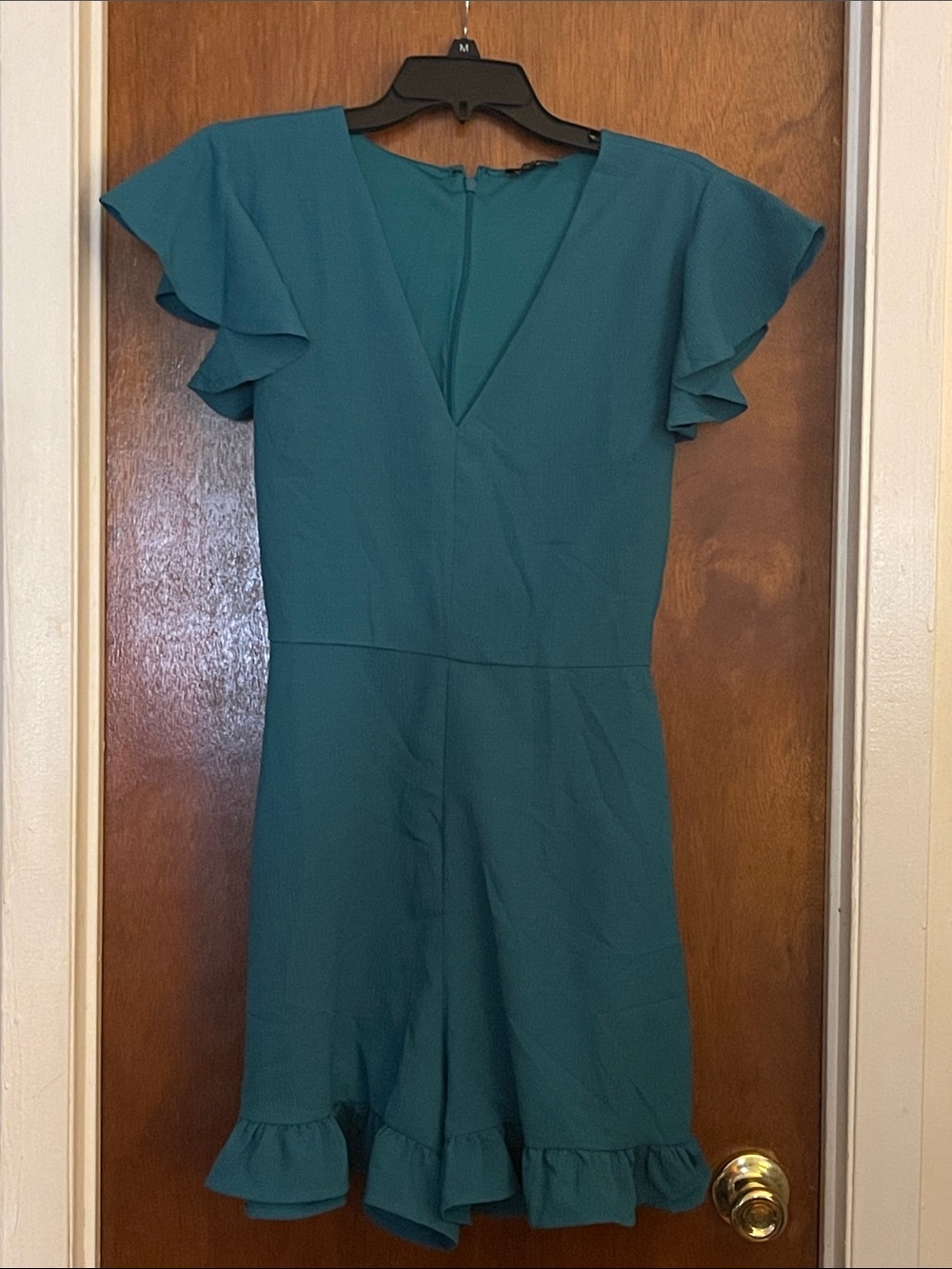 Teal V-Neck Flutter Sleeve Romper with Ruffle Hem